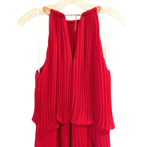XSCAPE by Joanna Chen Chiffon Accordion Blouson Dress 14 Red Pleated Gold Collar - Picture 9 of 13